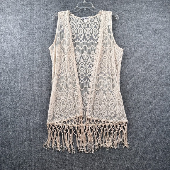 Say What? Jackets & Blazers - Say What? Women XL Beige Floral Lace Open Front Vest Macrame Fringe Boho Layer